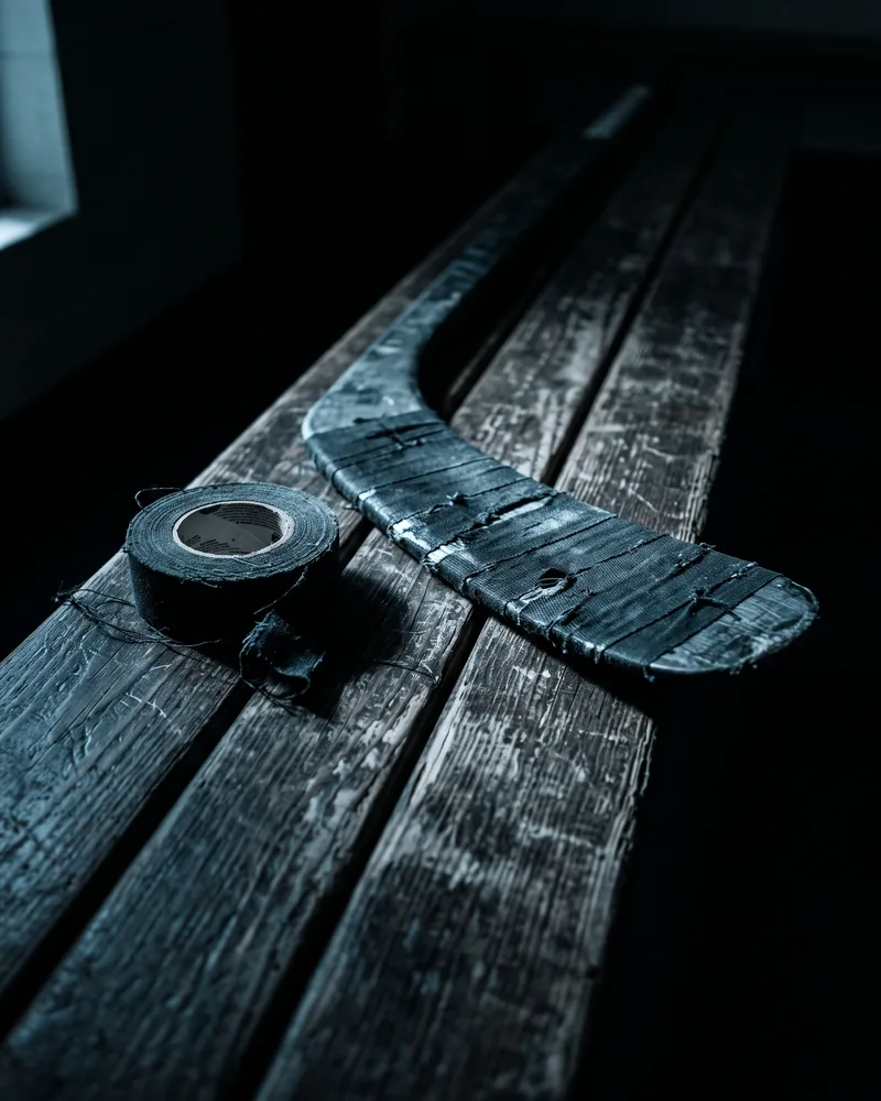A taped stick blade resting on a bench